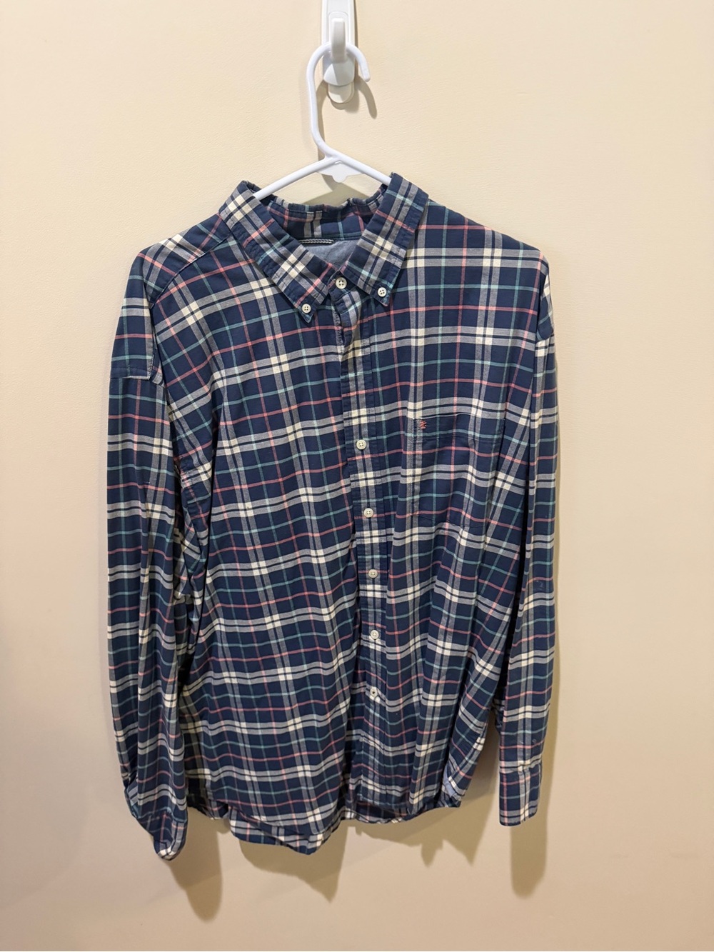 Izod Men's Navy Plaid Button-Down Shirt with White and Red Accents